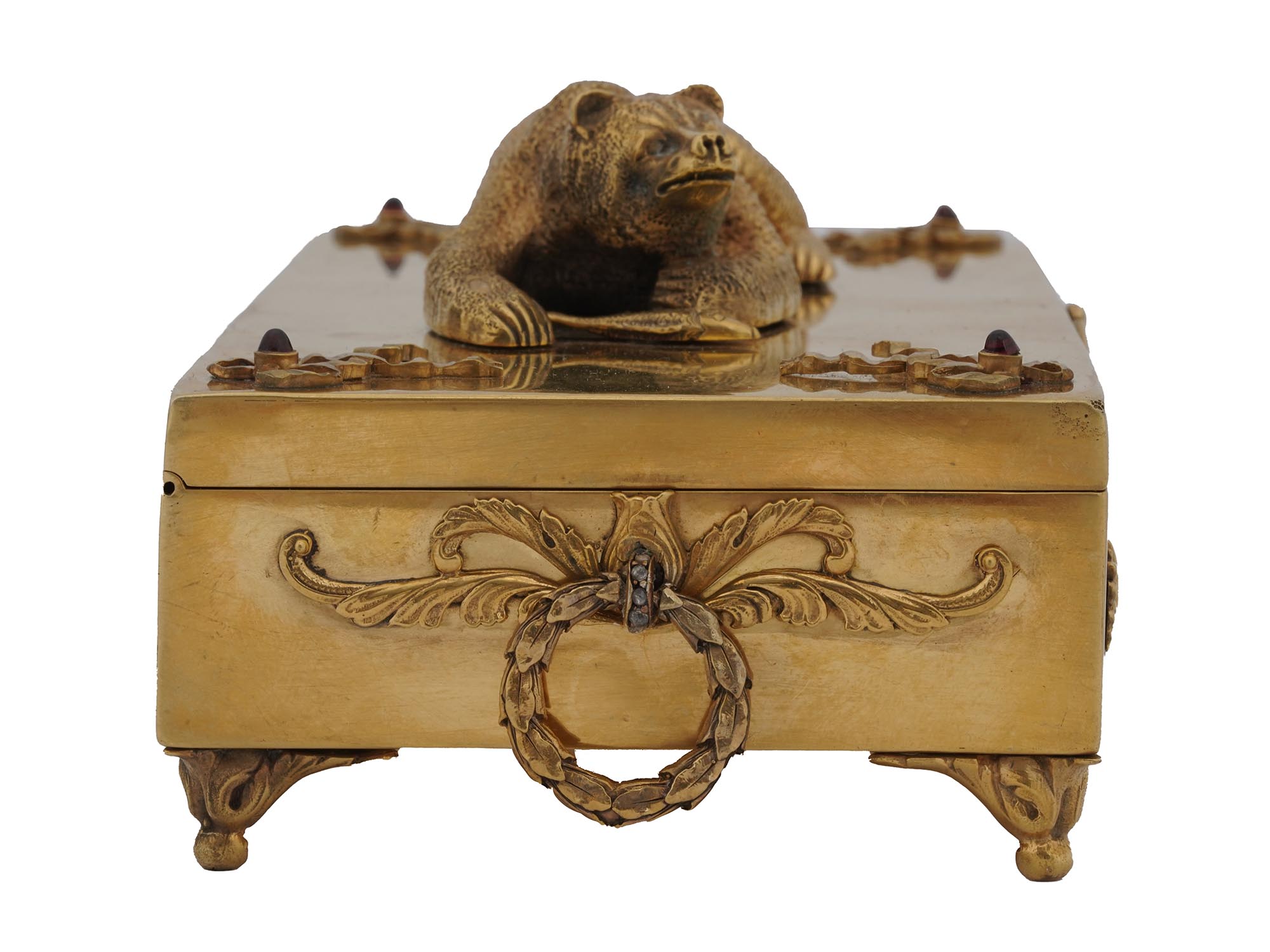 RUSSIAN GILT SILVER TRINKET BOX WITH BEAR FIGURE PIC-2